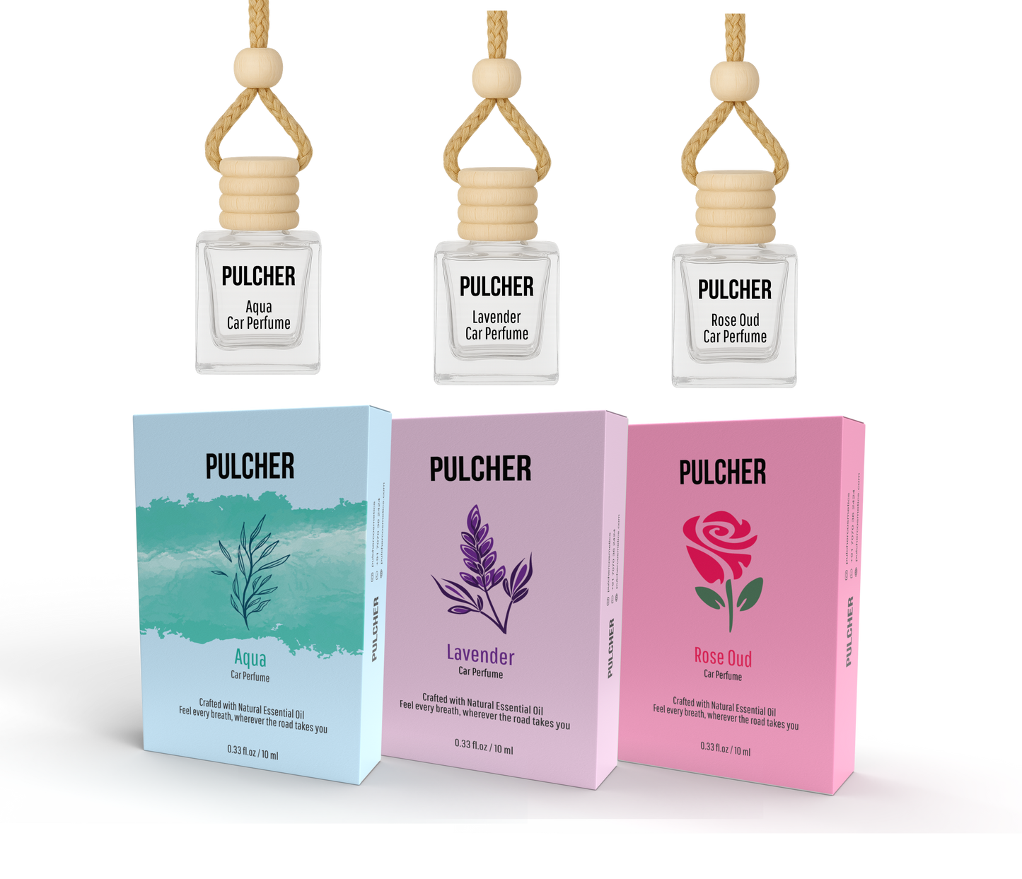 Pulcher Aqua + Lavender + Rose Oud Combo – Car Luxury Perfume Set (3x10ml) for Premium Driving Experience