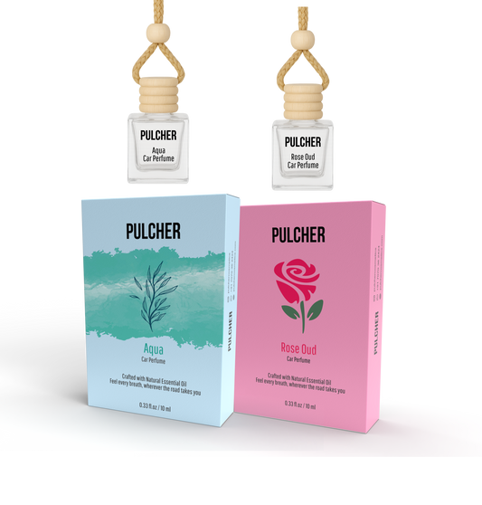 Pulcher Aqua & Rose Oud Car Luxury Perfume Combo Pack of 2 – Premium Car Air Fragrance Set