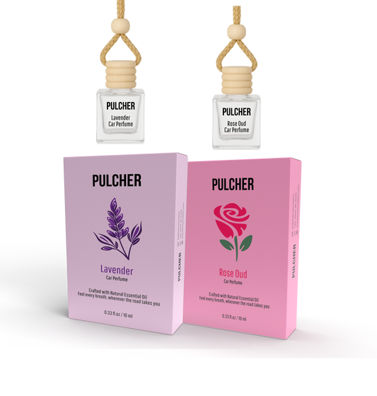 Pulcher Lavender & Rose Oud Car Luxury Perfume Combo – Best Hanging & Dashboard Car Perfume Pack of 2